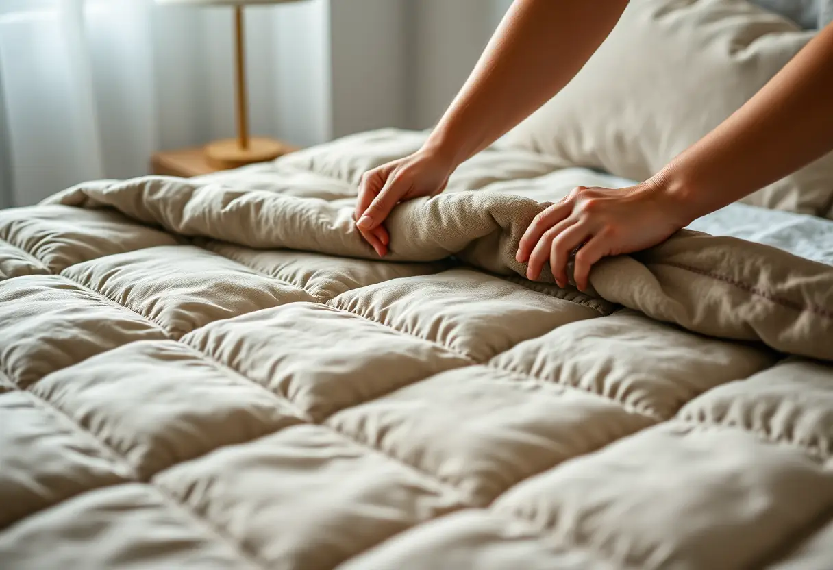 Des mains ajustent une couette de laine sur un lit dans une chambre douillettement éclairée