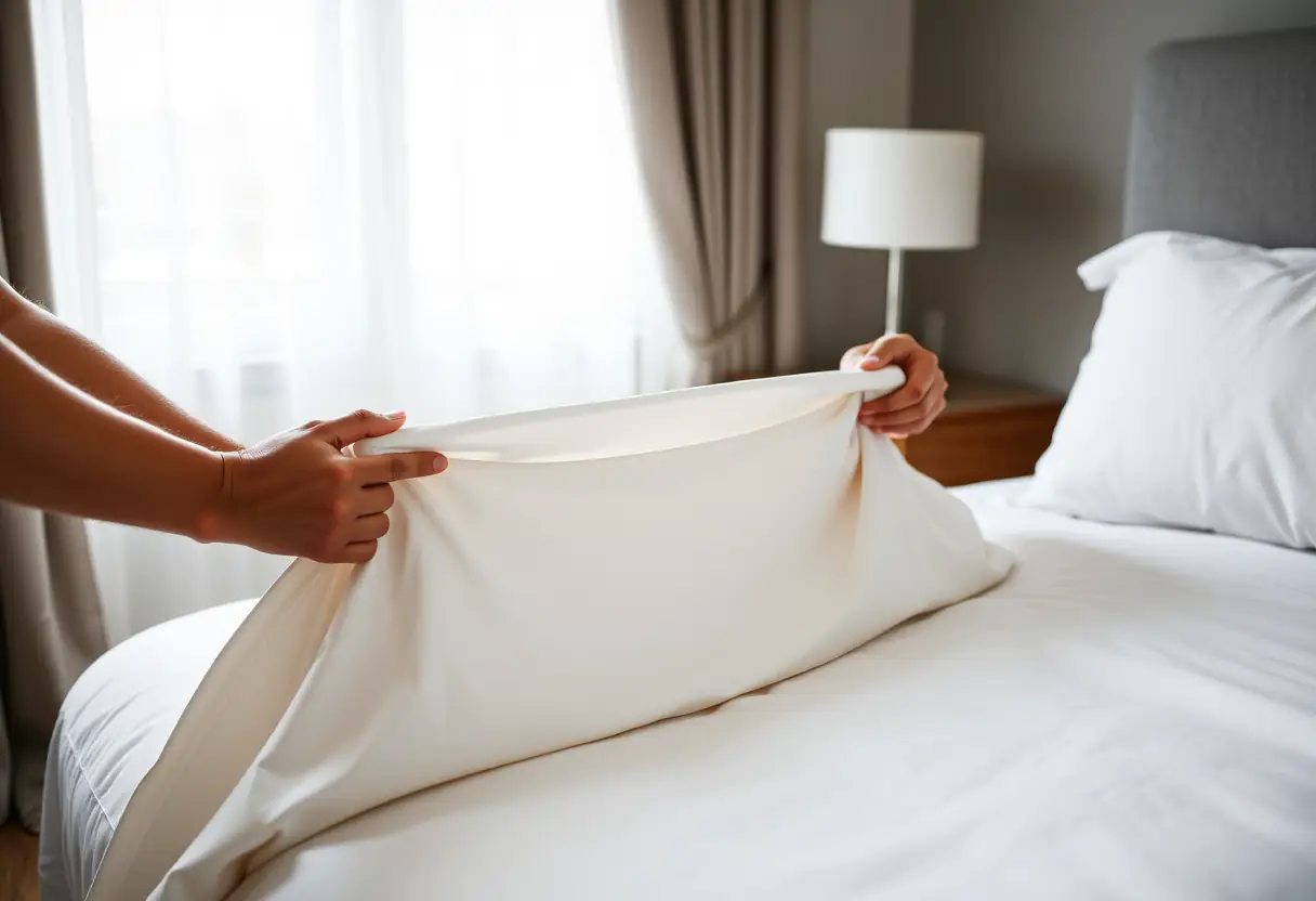 Mains ajustant une housse de couette sur un matelas pour un bon maintien