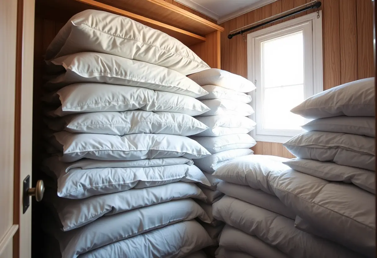 Armoire à lit pleine de duvets pliés, textures variées, lumière naturelle, saisonnalité