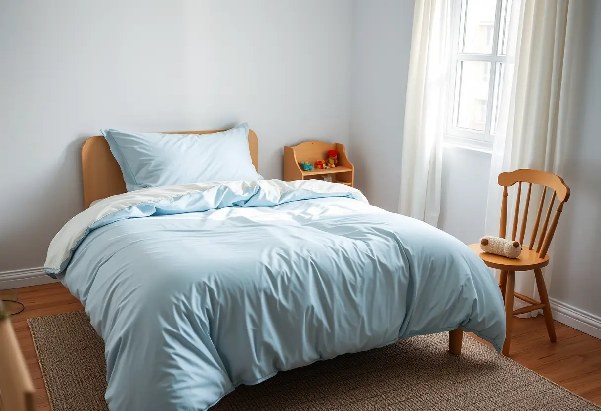 Un lit fait avec une housse de couette en polyester bleu pâle dans une chambre d'enfant