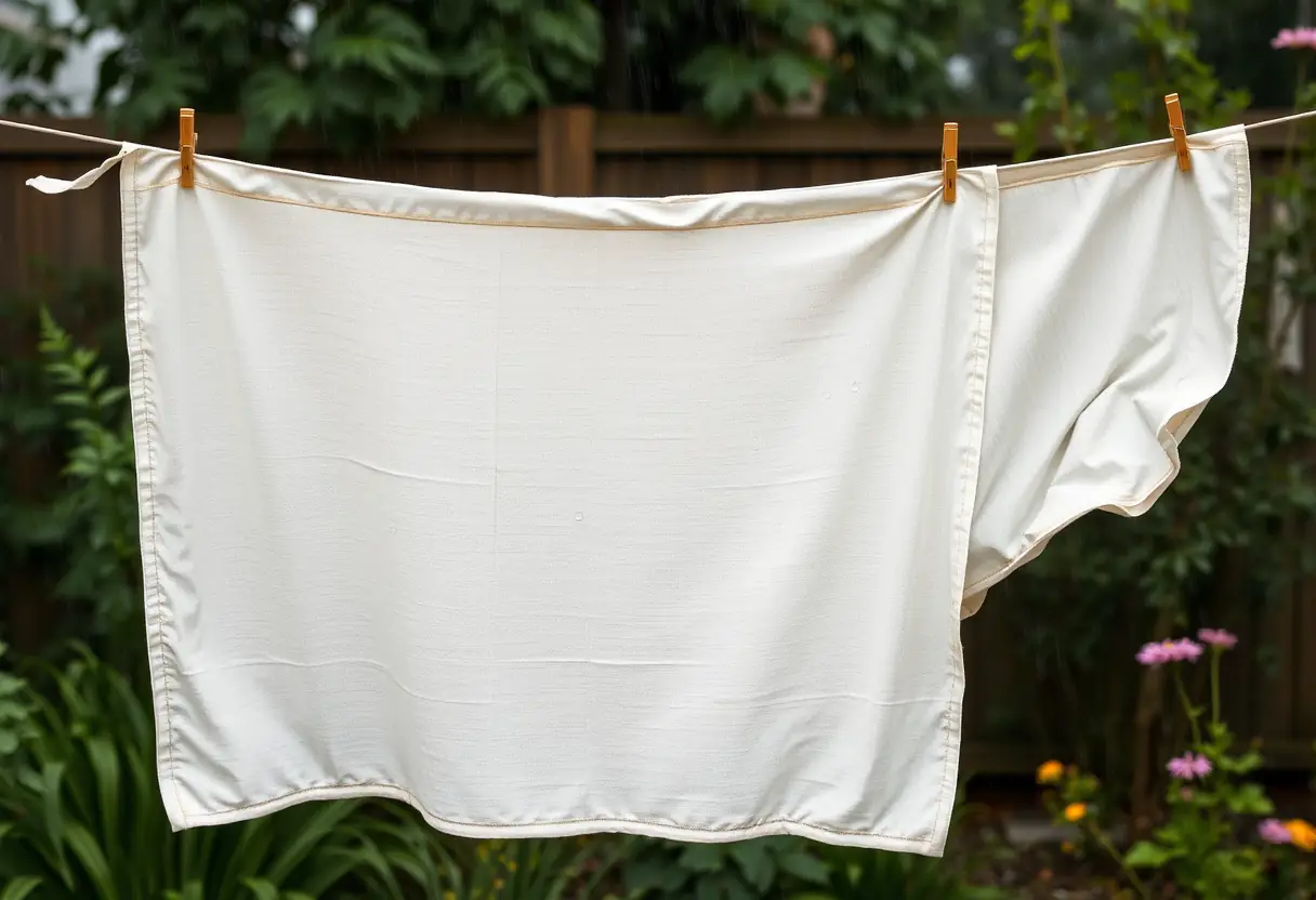 Un drapier en lin pend à une corde à linge sous la pluie