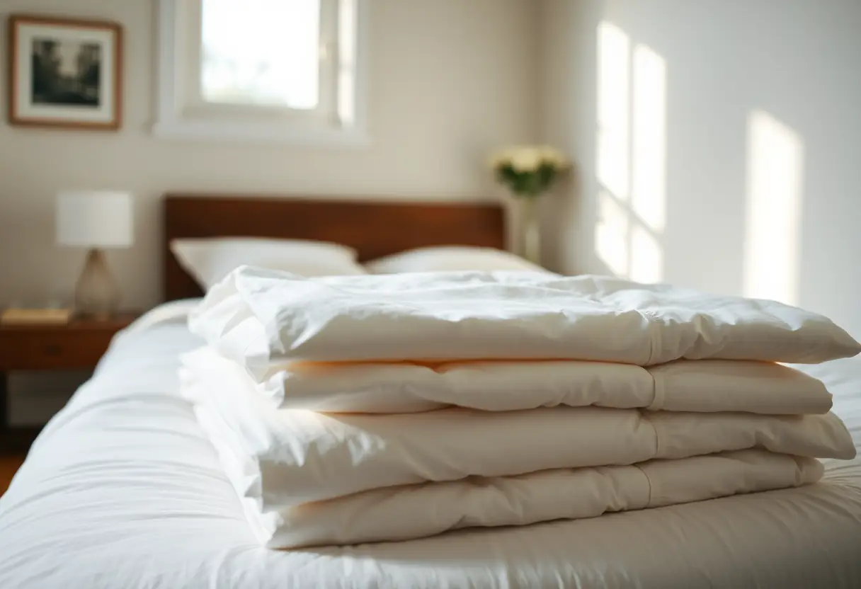 Un tas de draps blancs en coton pliés au pied du lit