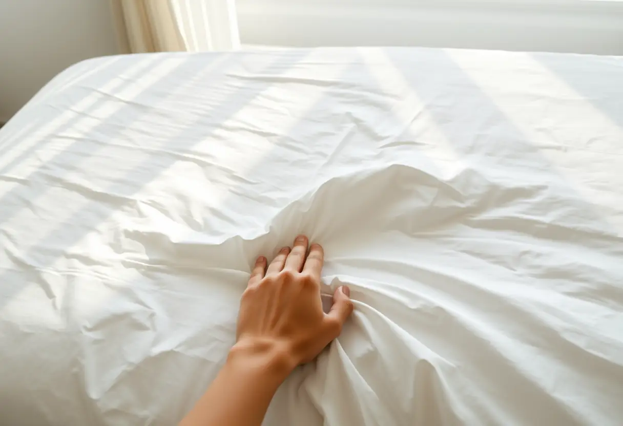 Main qui repasse une grande housse de couette blanche sur un lit bien fait, lumière du matin