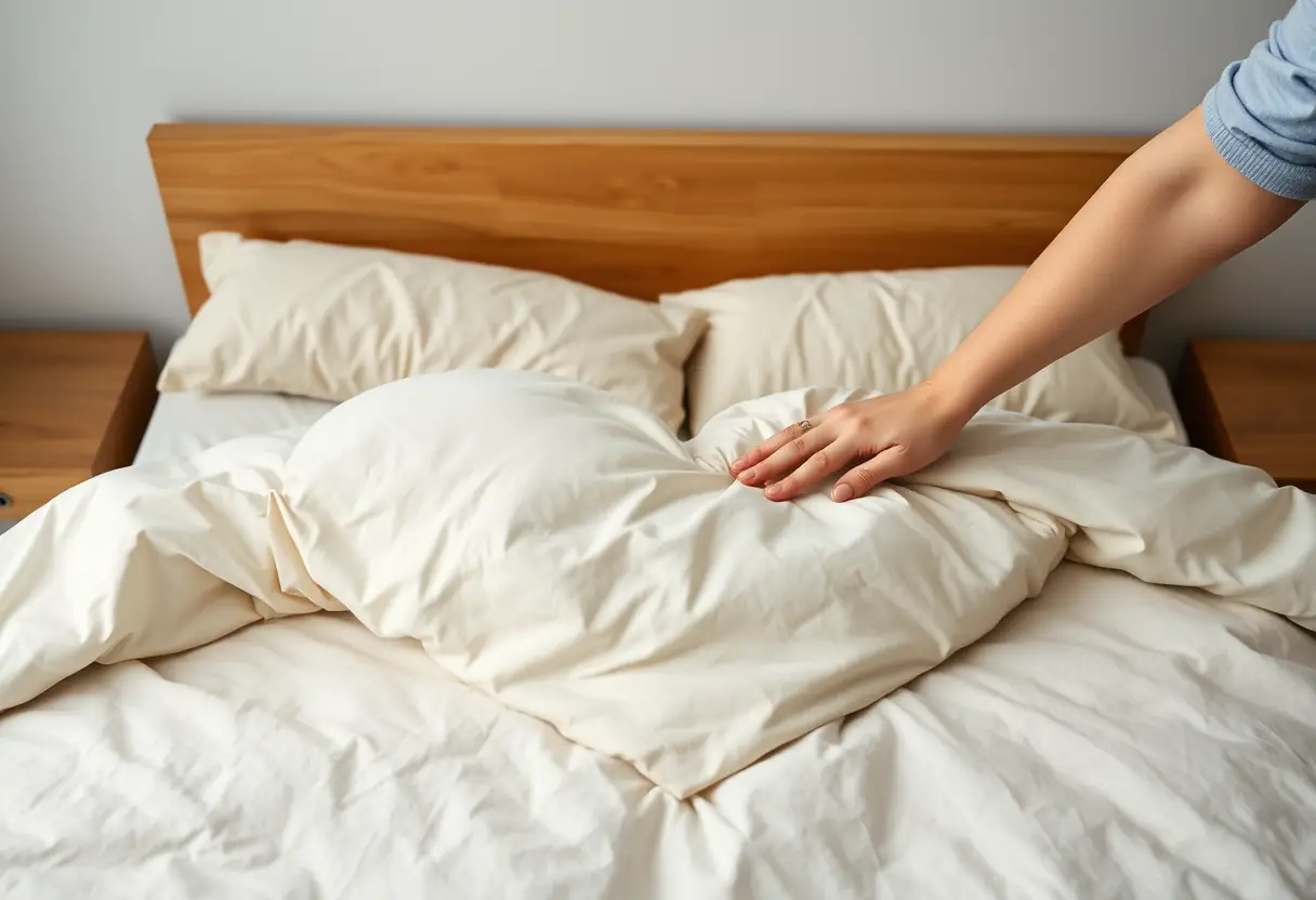 Une main étire les plis d'une housse de couette en forme de cœur posée sur un lit avec des oreillers doux et un chevet en bois