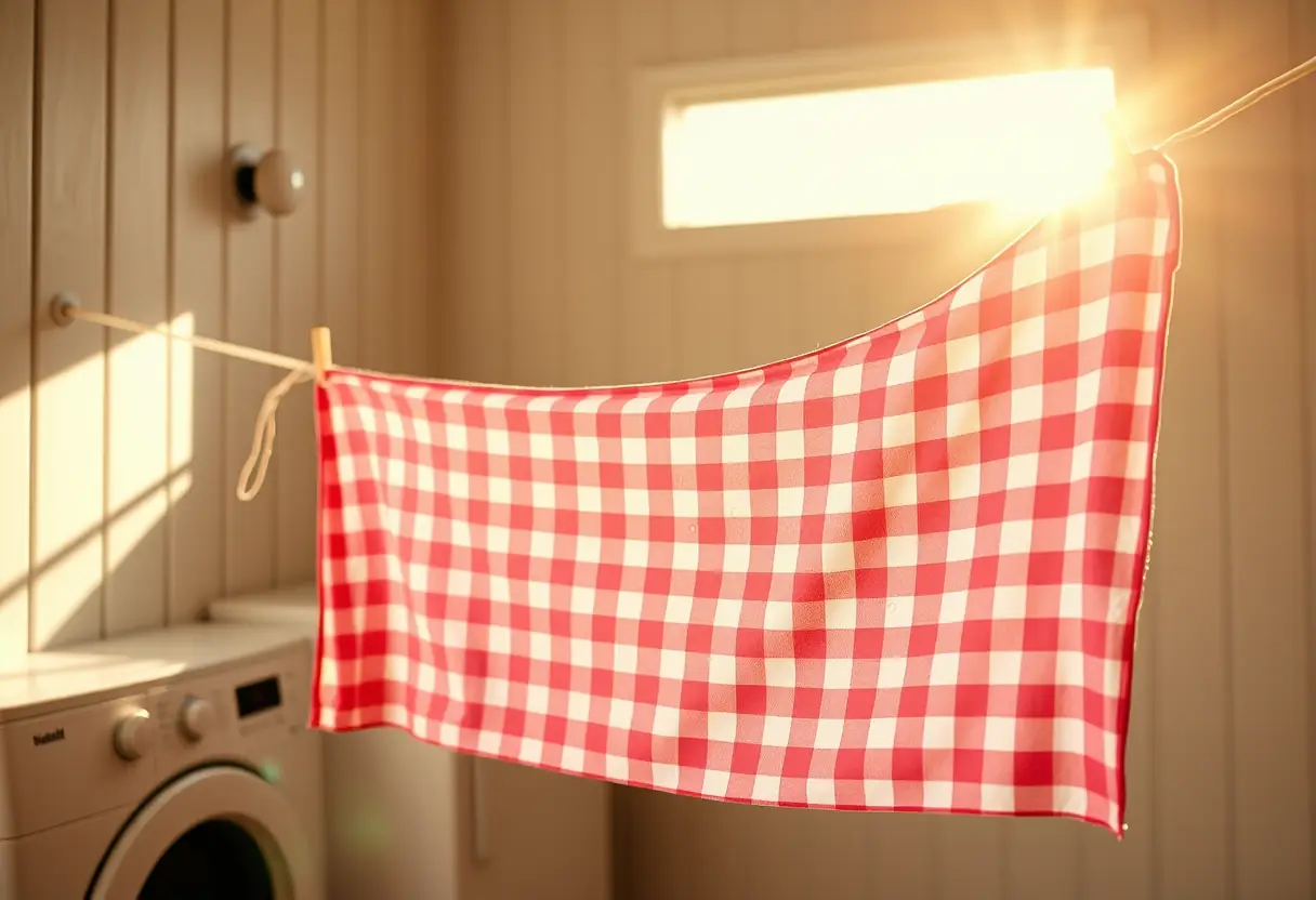 Une housse de couette rayée rose et blanche suspendue à la corde à linge, les gouttes d'eau brillent sous le soleil de l'après-midi