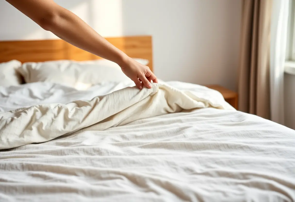 Main qui étend doucement une housse de couette flanelle, chambre hivernale