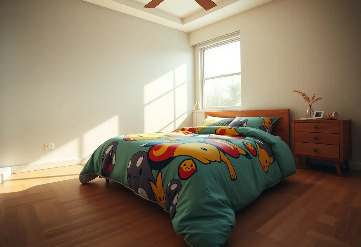 Un lit double sous une housse de couette Pokémon aux couleurs vives dans une chambre baignée de lumière naturelle