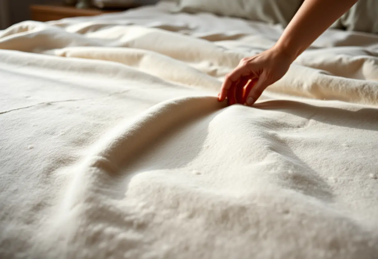 Une main étalant une housse de couette en laine luxueuse sur un lit king size