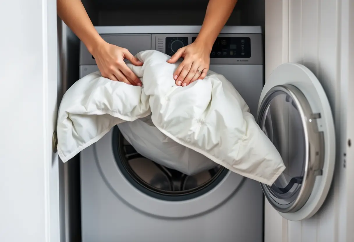 Des mains placent délicatement un drap d'été rembourré en duvet dans le lave-linge