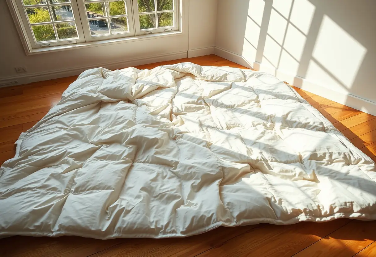 Duvet étalé sur le sol, éclairé par la lumière du jour