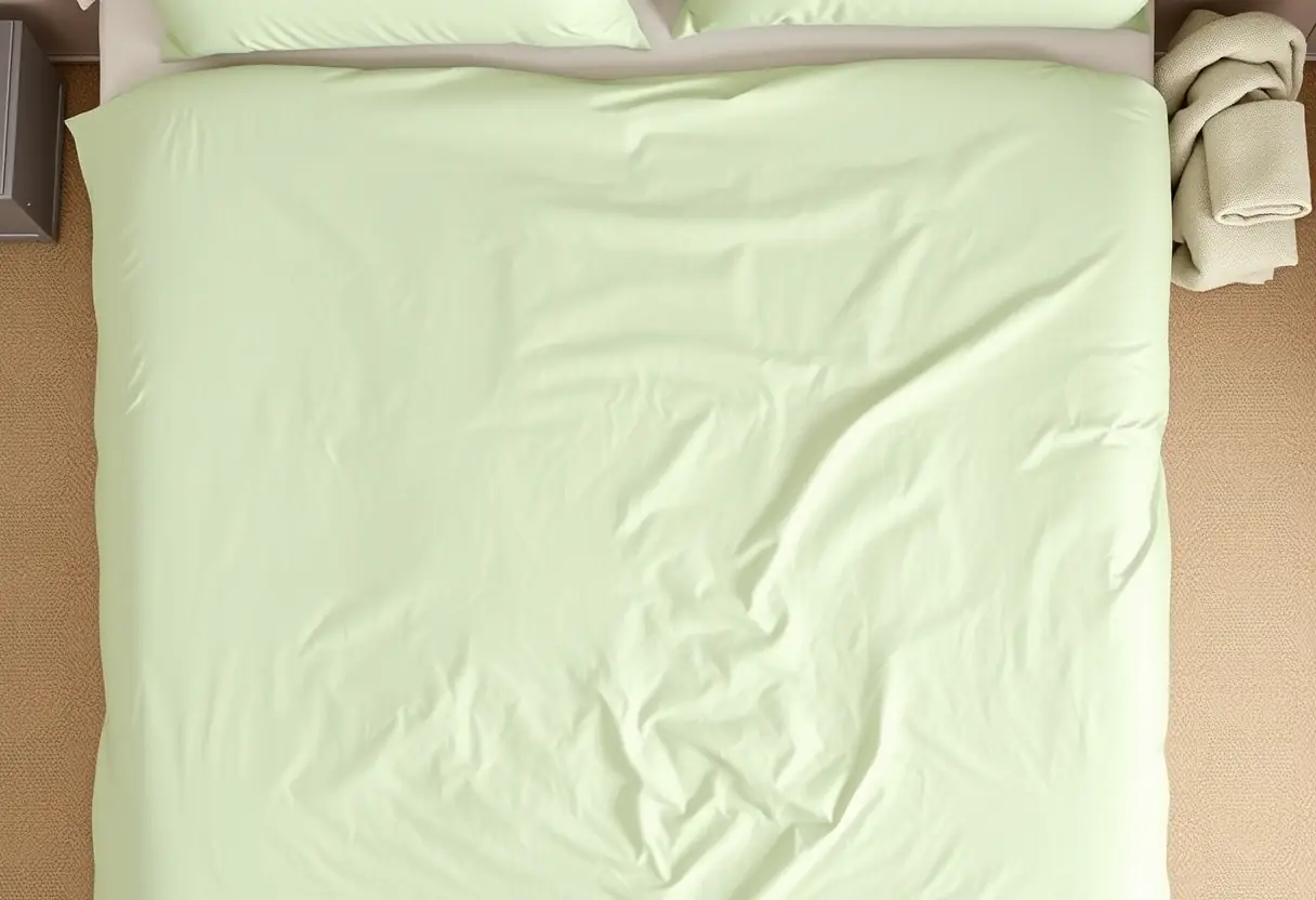 Vue aérienne d'un lit avec une housse de couette en lin bien rangée