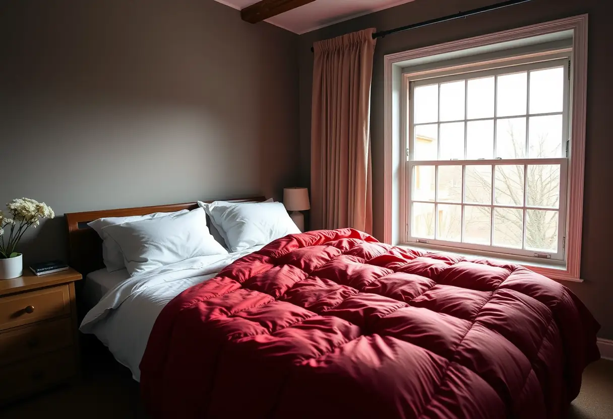 Une chambre baignée de lumière naturelle avec un conforteur rouge dominante