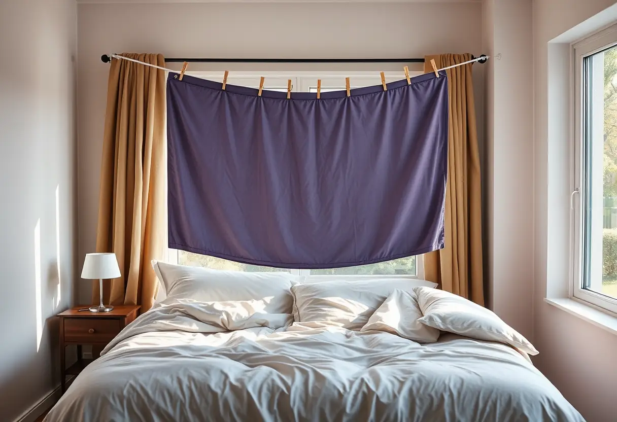 Un couvre-drap en polyester robuste pend à une corde à linge devant une fenêtre, séchant dans l'air frais