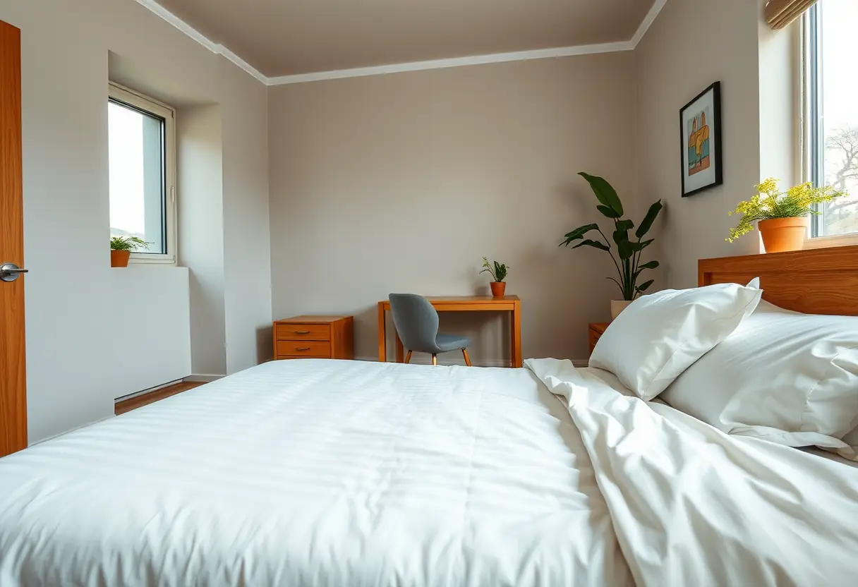 Vue d'ensemble d'une chambre à coucher avec un lit bien fait