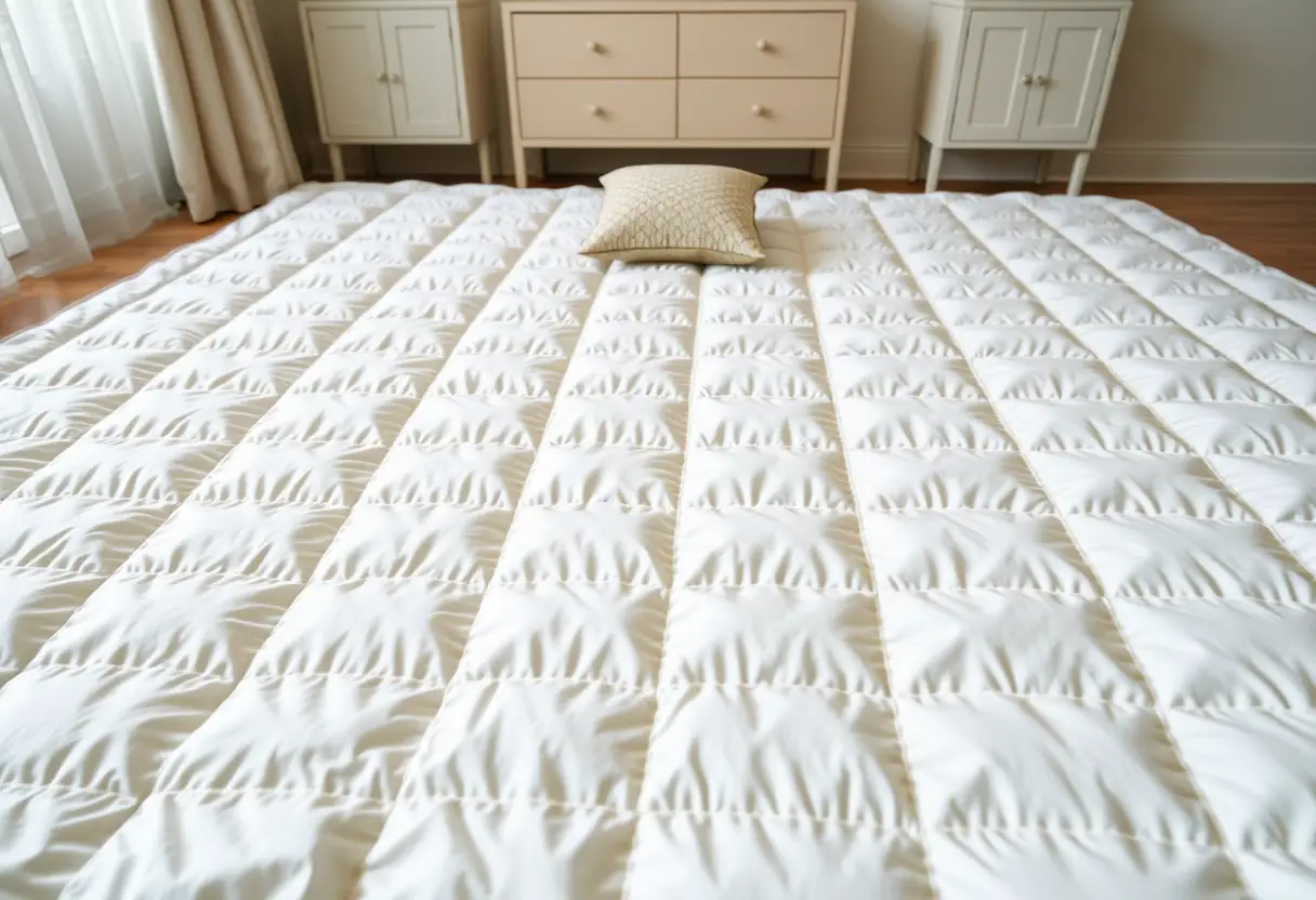 Couette pliée sur le sol d'une chambre, montrant sa taille adéquate