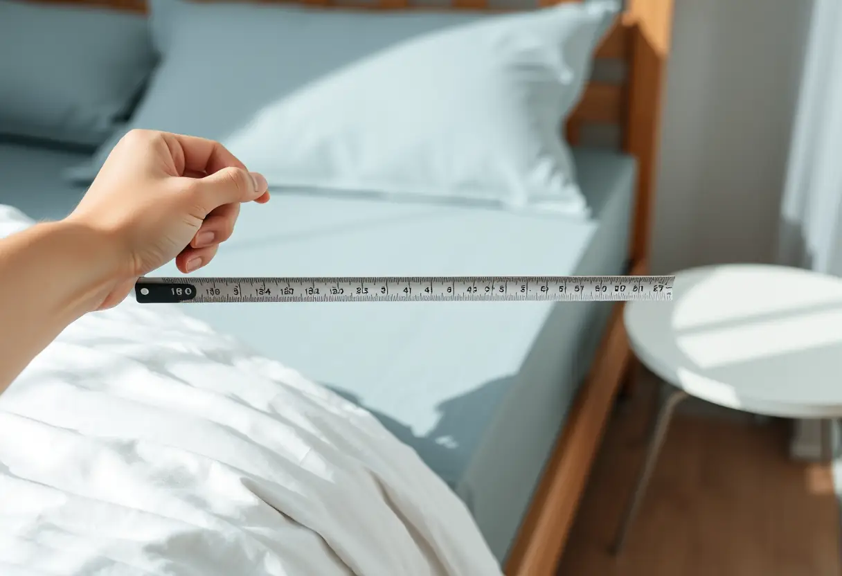 Une main mesure un lit avec un mètre ruban.