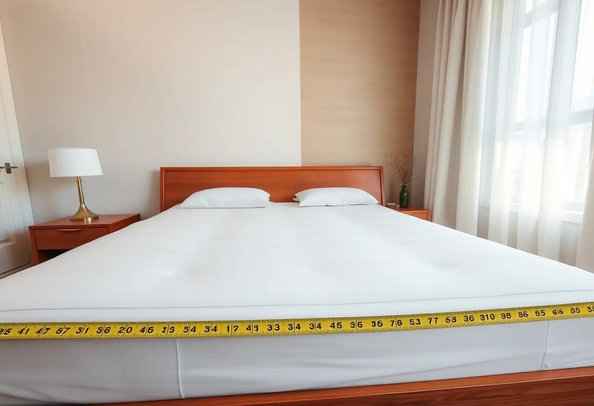 Vue d'ensemble d'une chambre avec un lit fait, où un mètre ruban indique l'espace supplémentaire ajouté